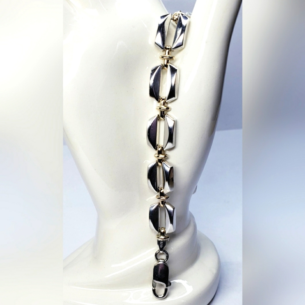 14k Gold Cowrie Style Sterling Silver Bracelet 7.75" Long